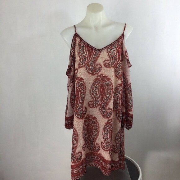 Skies are Blue Womens Dress sz Small Paisley Print Cold Shoulder Wine Red Boho - Picture 10 of 11